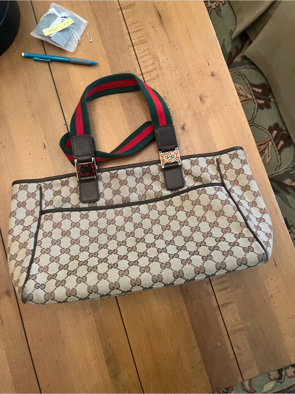 GUCCI BEIGE GG CANVAS WEB TOP HANDLE POP TOTE - Picture 3 of 10